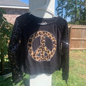 Justice size 18 Black, Sequined, Leopard Print Peace Sign, Blouse